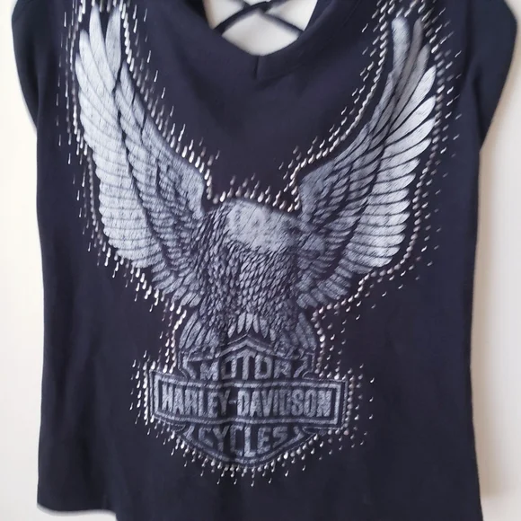 Harley Davidson Black Sleeveless Tank With Back Criss Cross Tie - Picture 4 of 7